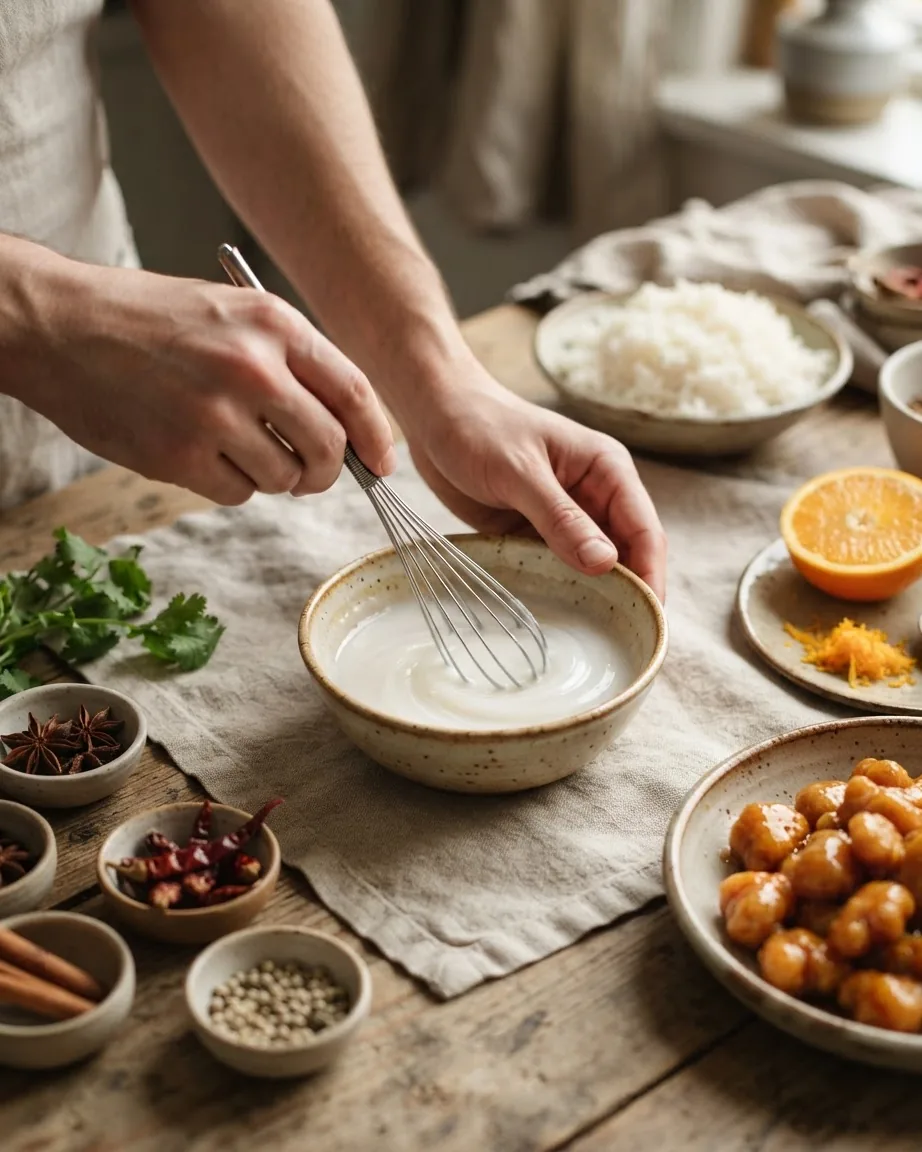 Hands whisk a white slurry in a ceramic bowl beside rice, orange halves, spices, and glazed chicken.