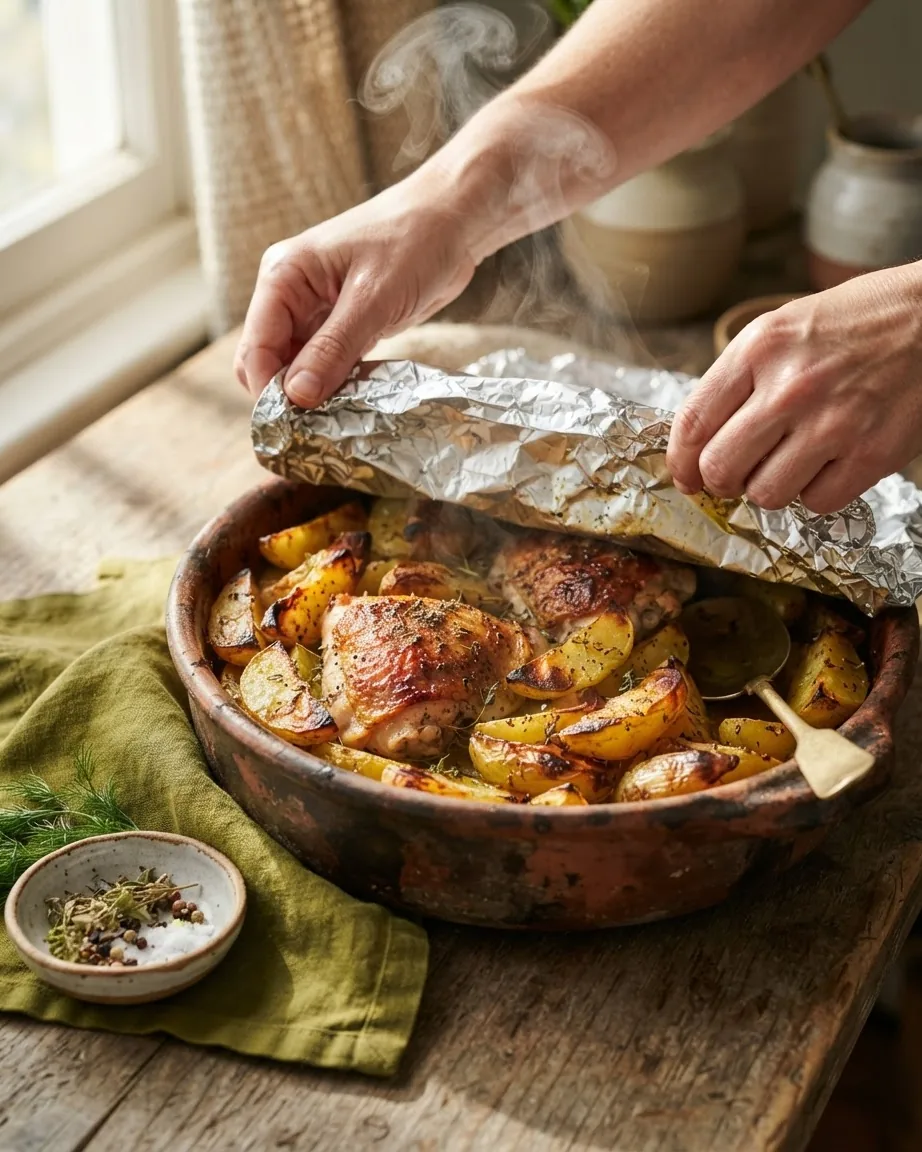 Hands lift foil from roasted chicken and potato wedges as steam rises from the baking dish.