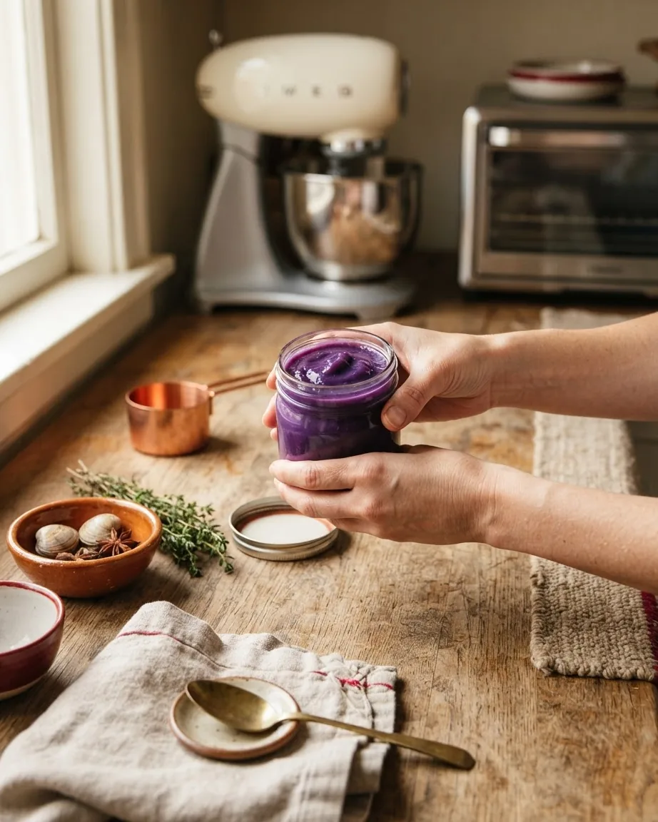 Hands hold a glass jar of thick purple paste on a wooden kitchen counter beside a stand mixer and toaster oven.