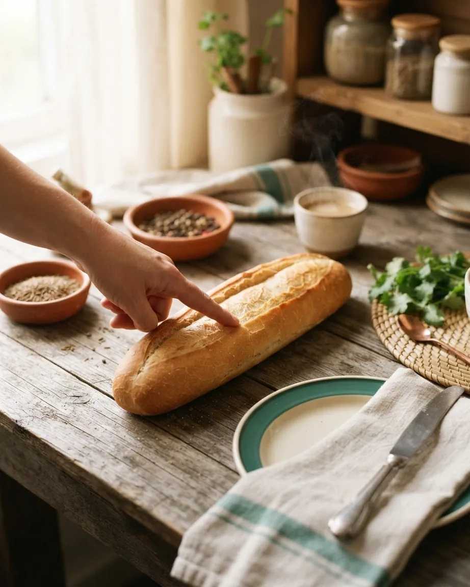 A hand points to the lengthwise seam of a golden bread loaf on a rustic wooden table with bowls and a knife.