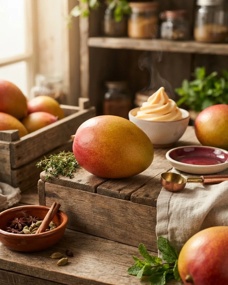 A ripe red-and-gold mango rests on a rustic wooden crate among other mangoes, spices, herbs, and a bowl of creamy dessert.
