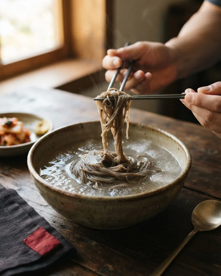 Hands lift long brown noodles with chopsticks from a ceramic bowl of clear broth on a wooden table.