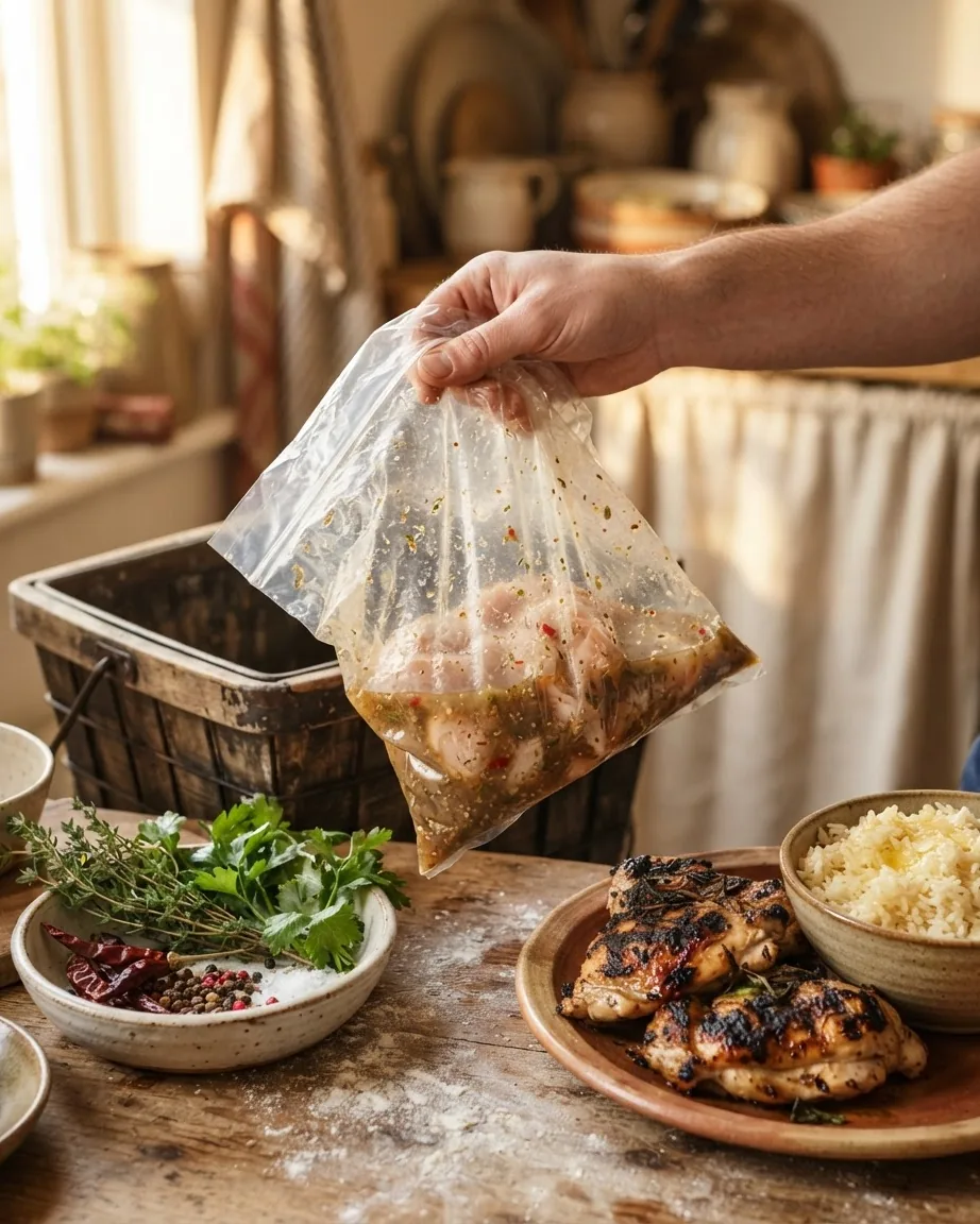 A hand holds a bag of raw chicken marinade over a bin beside grilled chicken and rice.