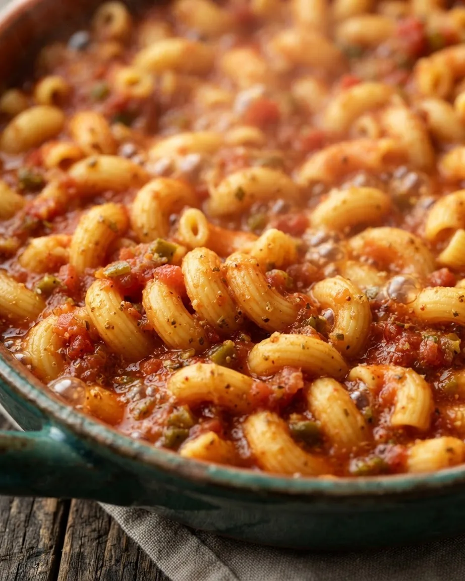Close-up of elbow macaroni simmering in chunky red tomato sauce with green chilies in a turquoise skillet.
