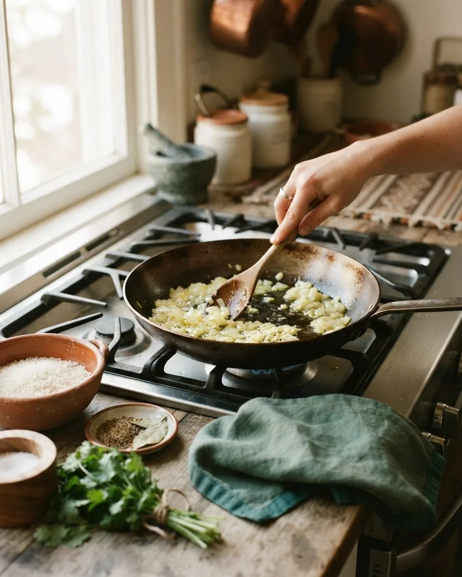 A hand stirs diced onions and garlic in a skillet on a gas stove, with rice, herbs, and spices nearby.