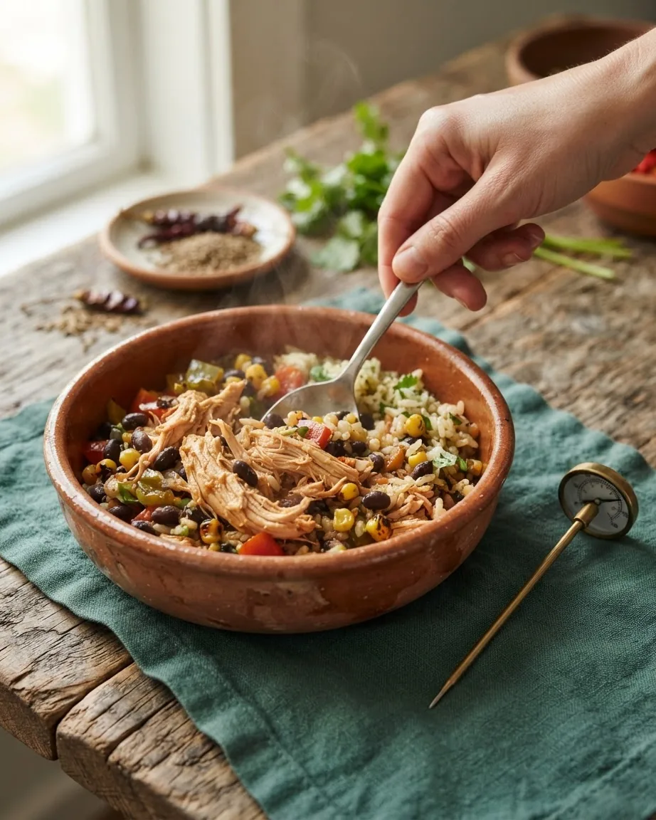 A hand stirs a bowl of shredded chicken, rice, black beans, and corn with a probe thermometer resting nearby.