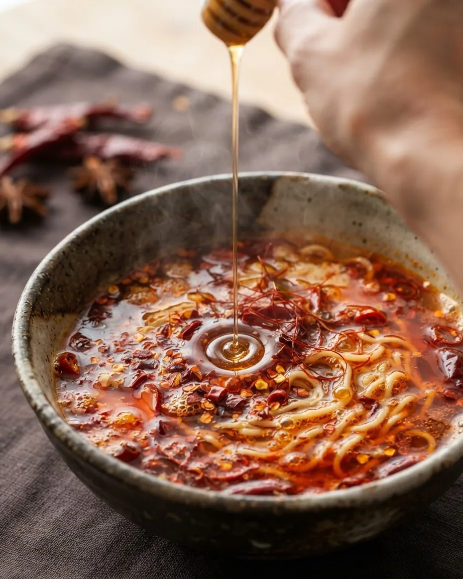 A hand drizzles golden honey into a rustic bowl of spicy red chili ramen noodles on a dark cloth.