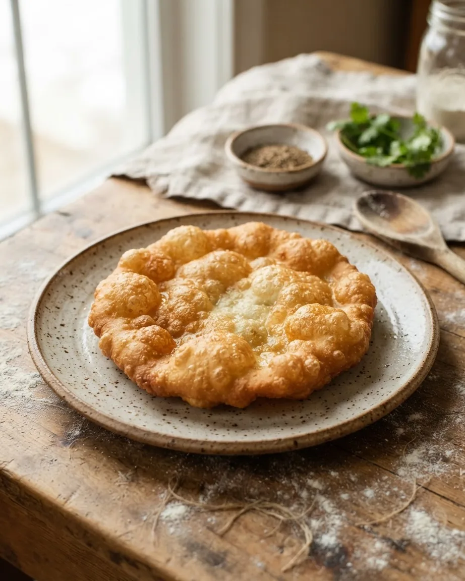 A single round of golden, bubbled fry bread sits on a ceramic plate on a rustic wooden table with herbs and spices behind it.