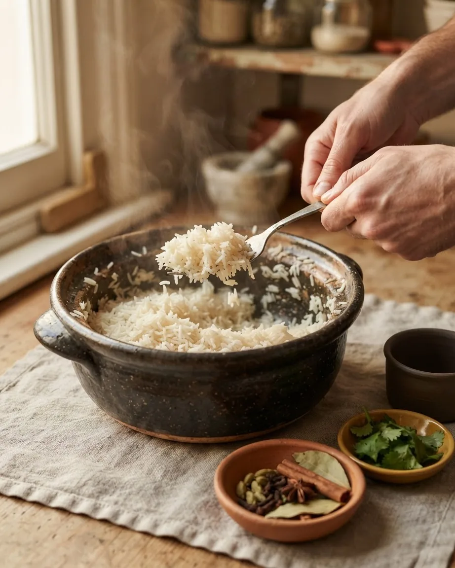 Hands use a fork to fluff cooked white rice in a dark pot on a kitchen table.