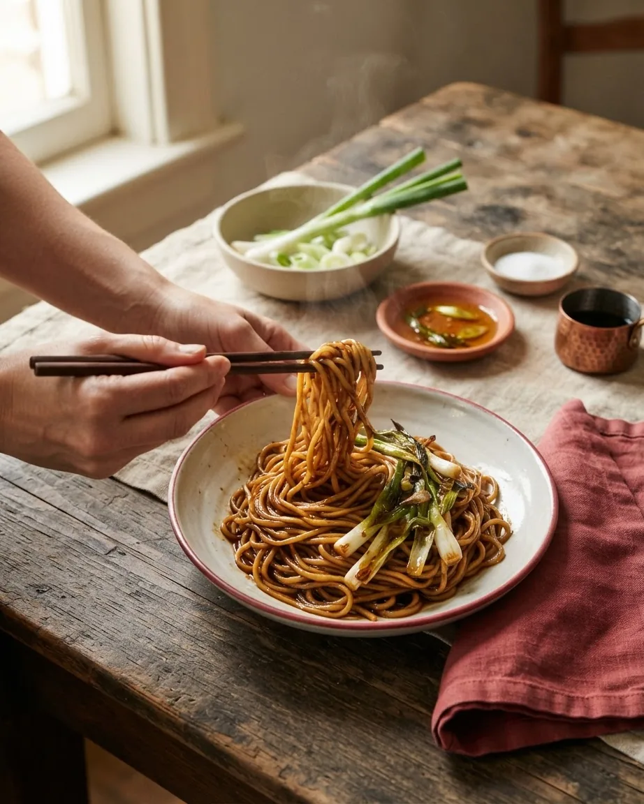 Hands lift soy-coated noodles with chopsticks from a bowl topped with scallions on a rustic wooden table.