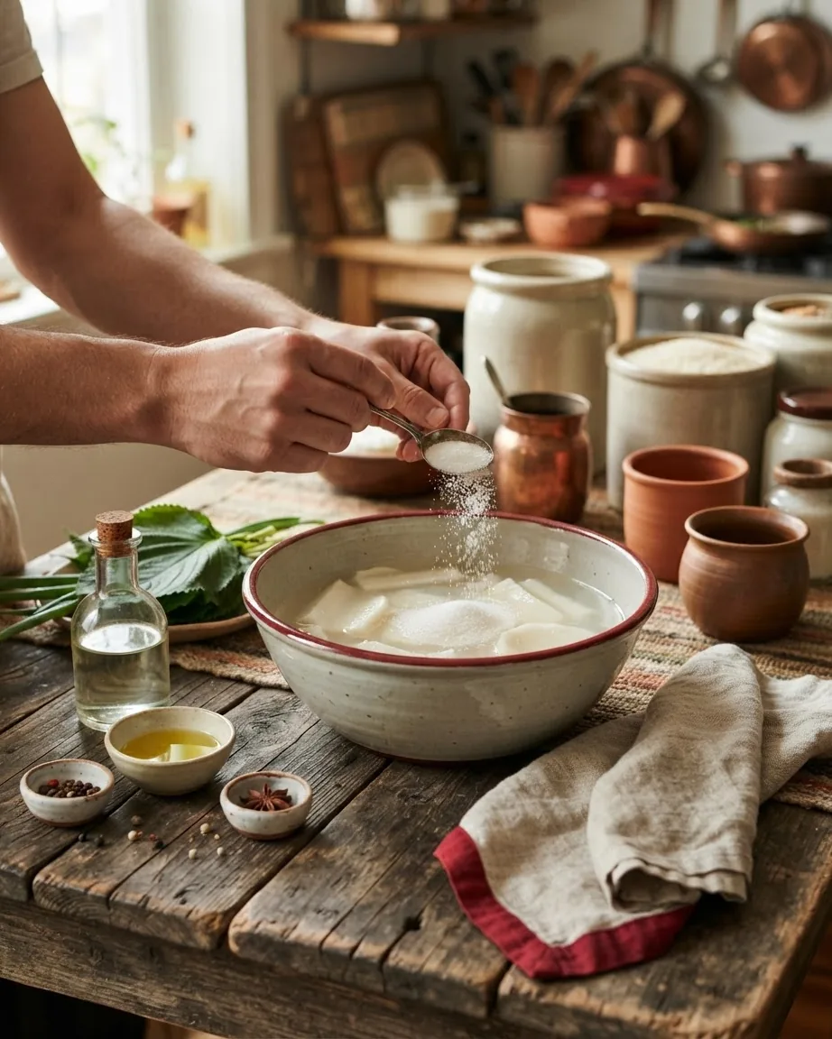 Hands sprinkle white sugar into a bowl of pale radish brine beside oil, spices, and ceramic jars.