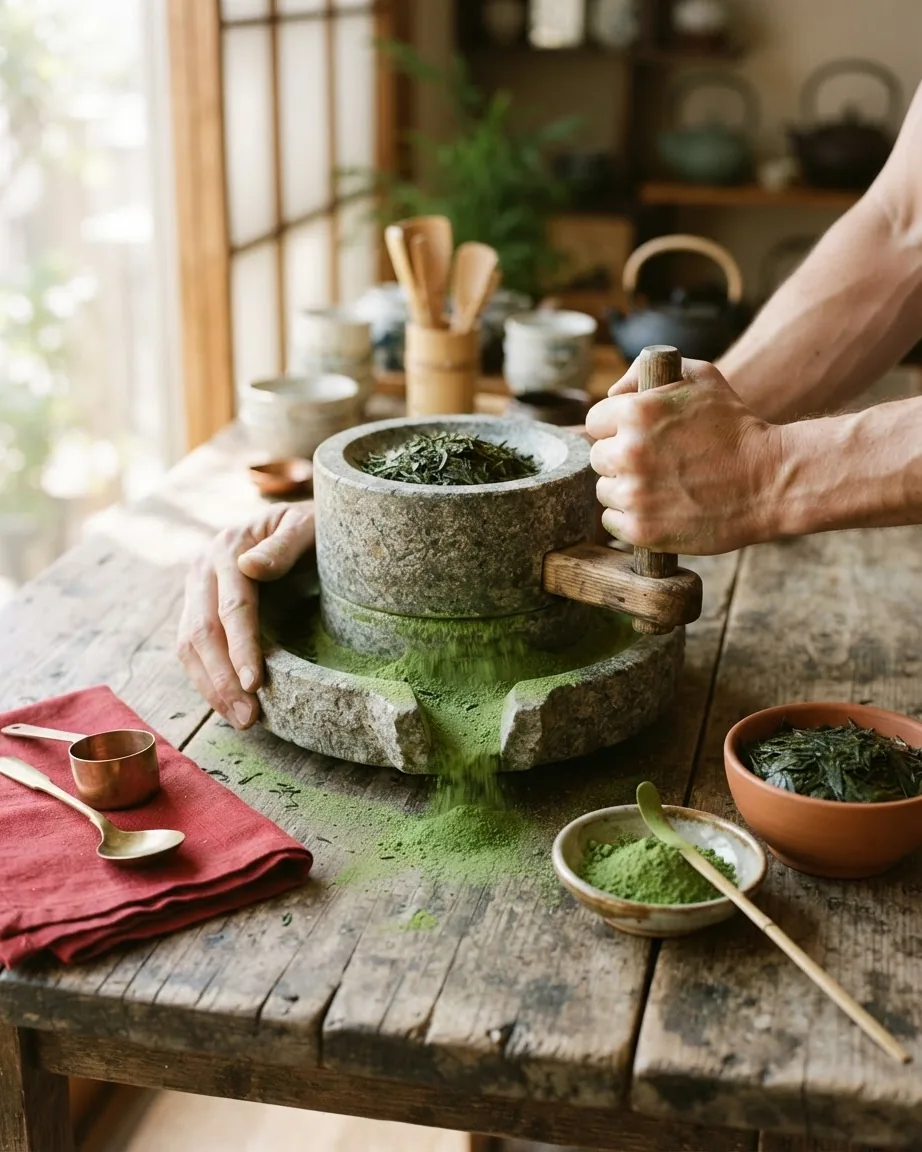 Hands operate a stone mill grinding green tea leaves into powder on a wooden table with tea bowls and utensils.