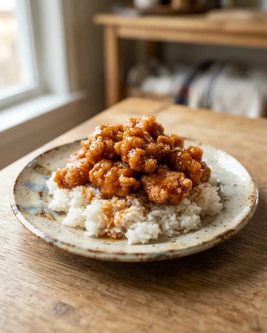 Glossy orange-sauced fried chicken pieces piled over steamed white rice on a ceramic plate atop a wooden table.