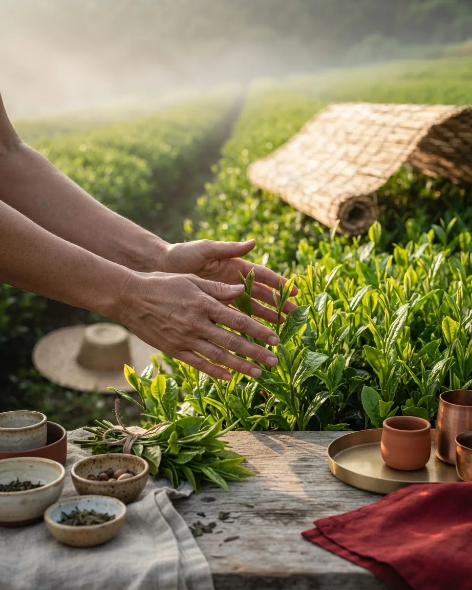 Hands hover over fresh tea leaves in a green plantation, with a woven shade mat and tea bowls nearby.