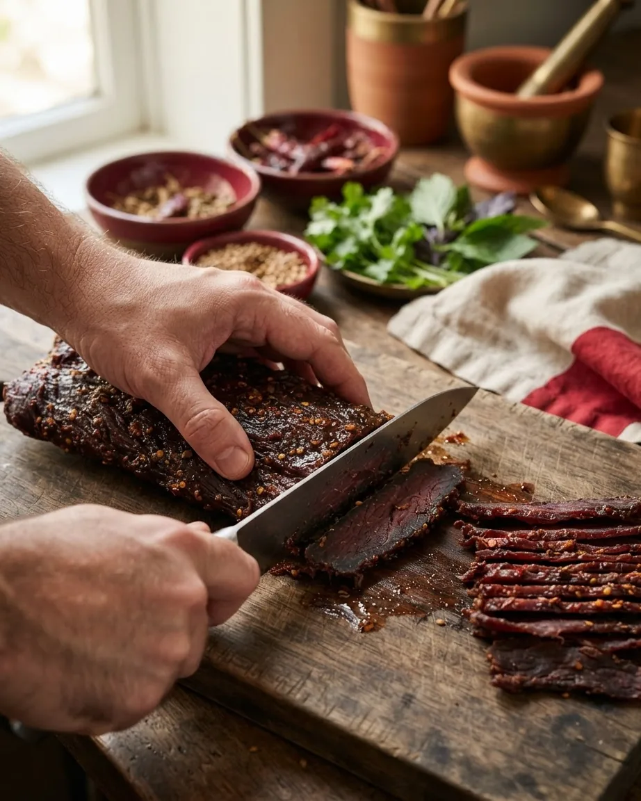 Hands use a sharp knife to slice a dark, seasoned beef roast into thin strips on a wooden cutting board.