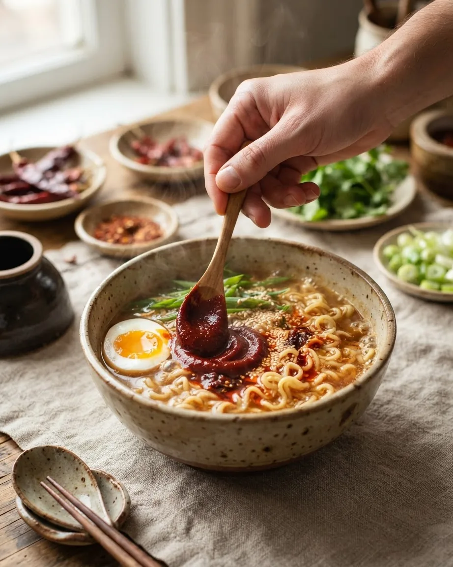 A hand stirs thick red chili paste into a bowl of ramen with noodles, egg, scallions, and sesame seeds.