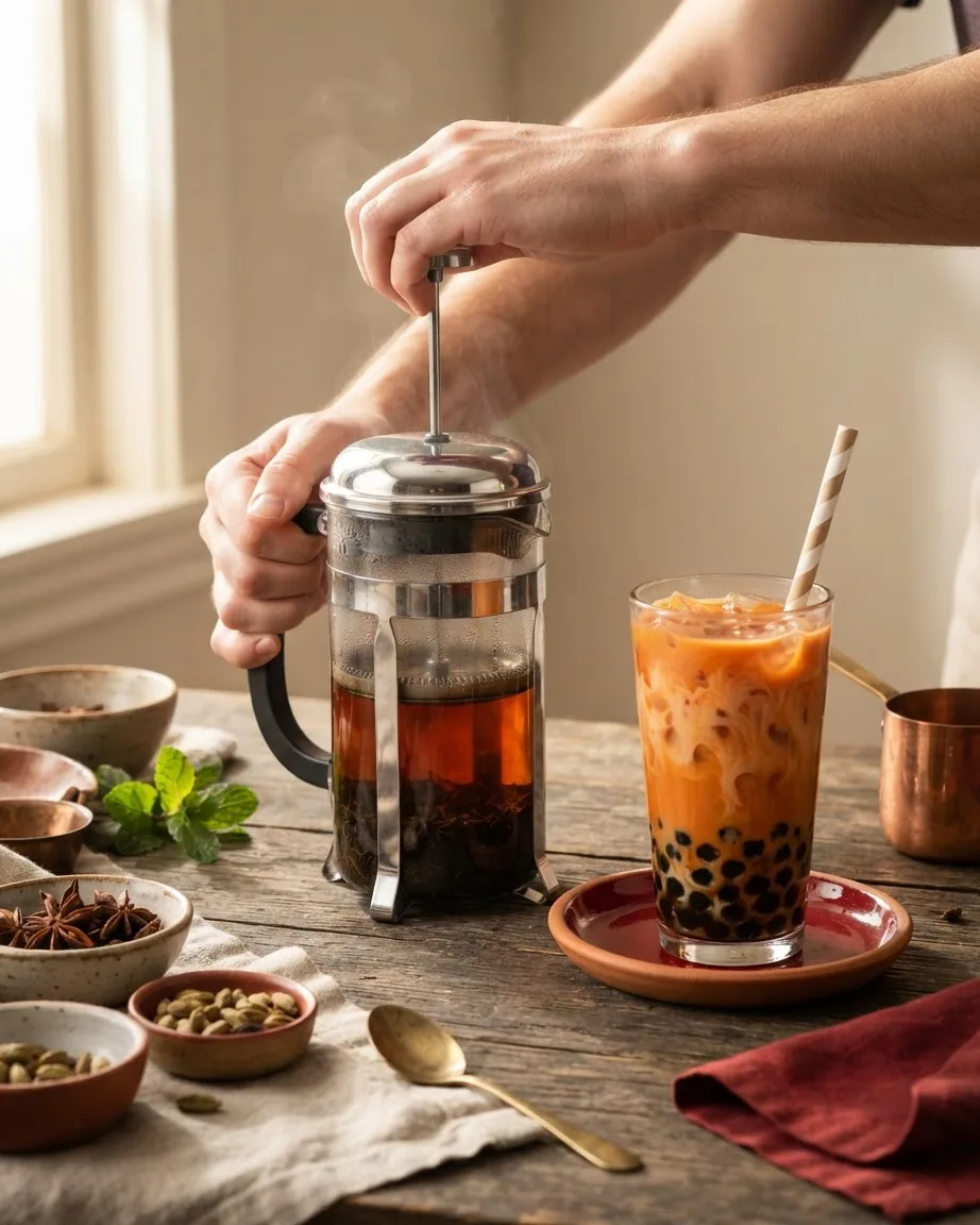 Hands press the plunger of a French press filled with dark tea beside a glass of orange bubble tea on a wooden table.