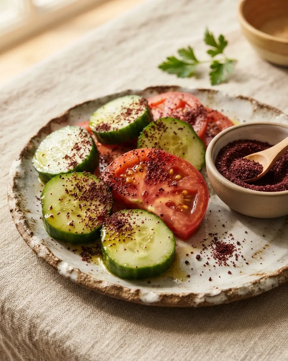 Cucumber slices and tomato wedges glisten with olive oil and dark red spice on a rustic plate beside a bowl of seasoning.