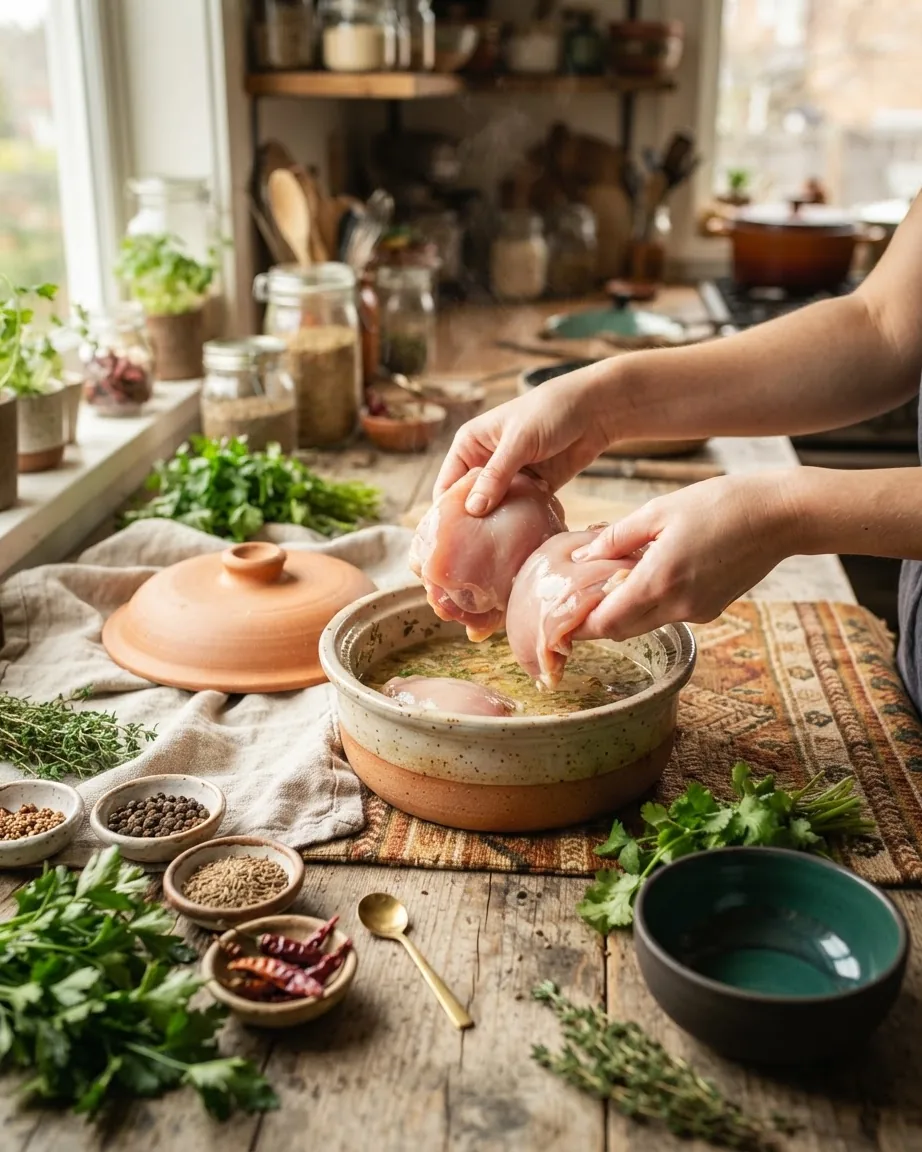 Hands hold raw boneless chicken pieces over a bowl of marinade beside herbs and spices.