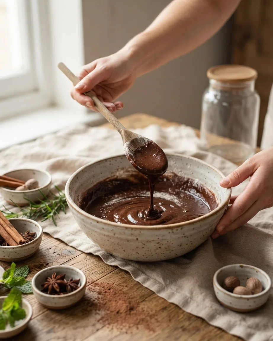 Hands lift a wooden spoon dripping chocolate batter over a ceramic mixing bowl on a rustic kitchen table.