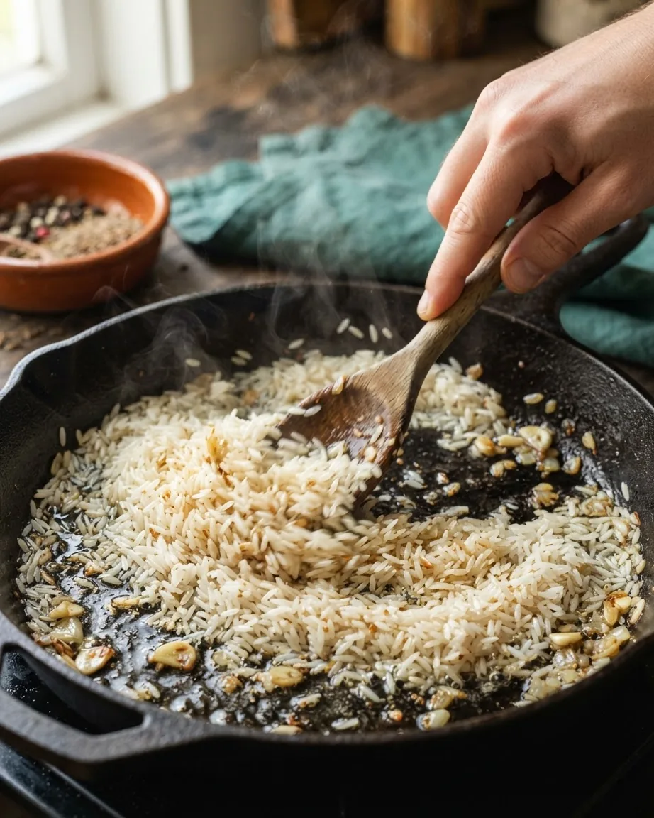 A hand stirs long-grain rice with a wooden spoon in a steaming cast-iron skillet with oil and garlic.