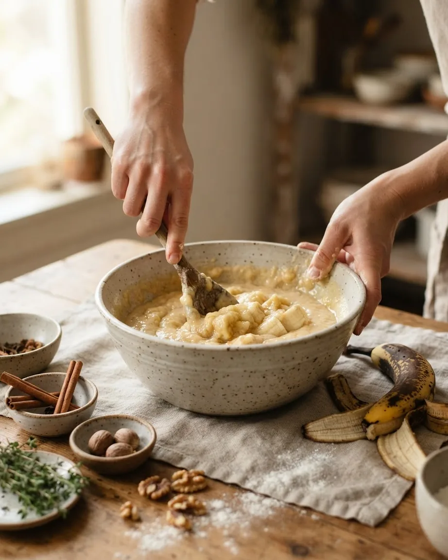 Hands mash banana into batter in a ceramic bowl beside bananas, spices, and walnuts.