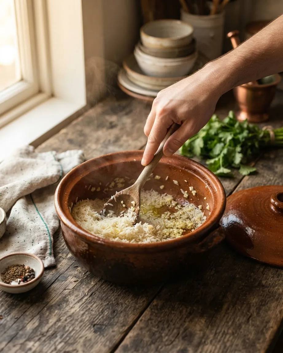 A hand stirs white rice and minced garlic in oil with a wooden spoon in a brown clay pot on a rustic kitchen table.