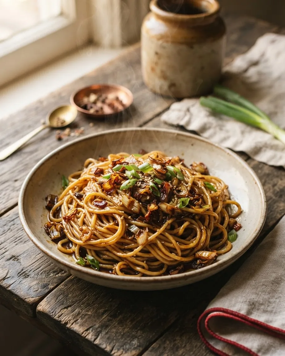 A ceramic bowl of glossy brown noodles topped with fried scallions, green onions and sesame seeds on a rustic wooden table.