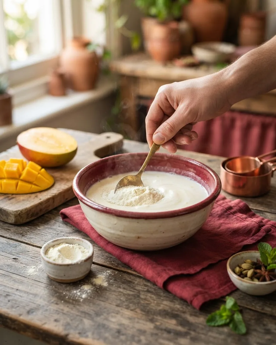 A hand stirs white powder into a bowl of creamy milk mixture, with sliced mango and small bowls nearby.