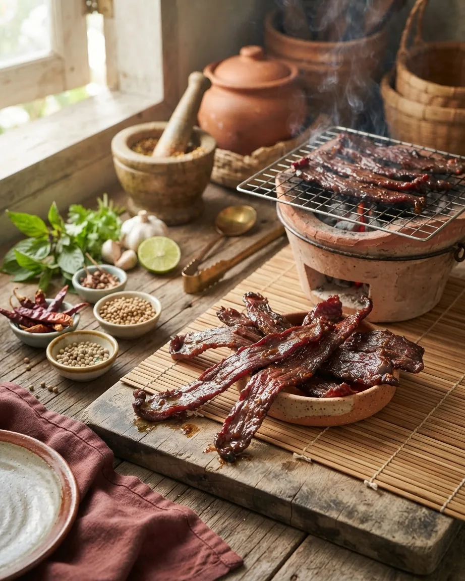 Glossy strips of grilled beef lie on a wooden board beside a smoking charcoal grill, herbs, spices, and lime.