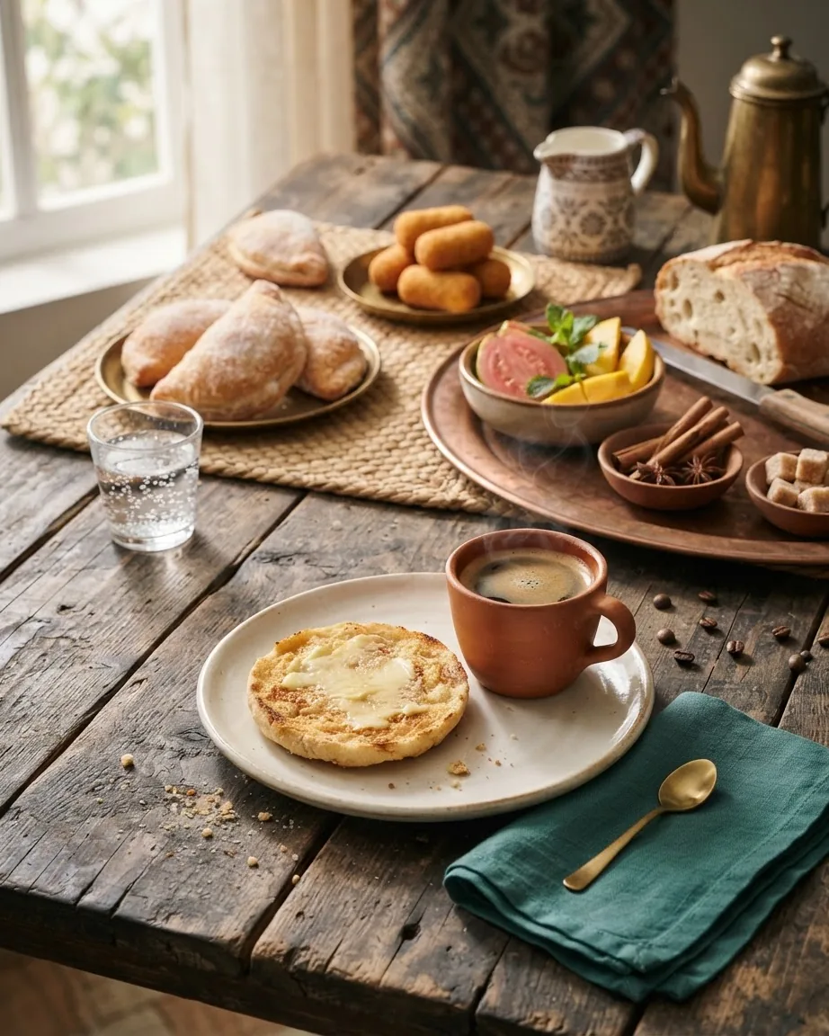 A rustic breakfast table with buttered toast, espresso, assorted pastries, bread, fruit, and a brass coffee pot.