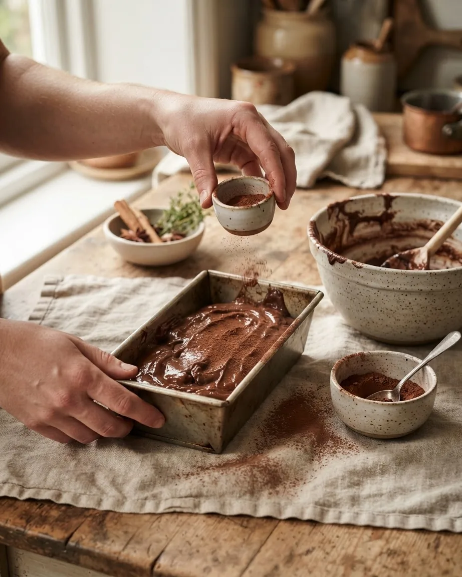 Hands sprinkle cocoa powder over chocolate batter in a loaf tin beside ceramic bowls on a rustic kitchen table.