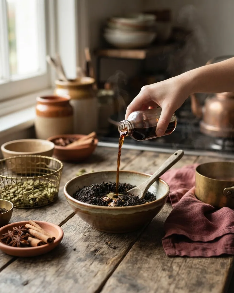 A hand pours dark liquid from a small glass bottle into a bowl of black tea leaves on a rustic kitchen table.
