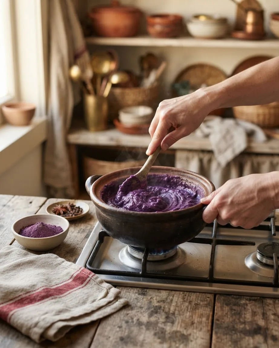 Hands stir a thick purple mixture in a rustic pot on a gas stove, with a bowl of purple powder nearby.