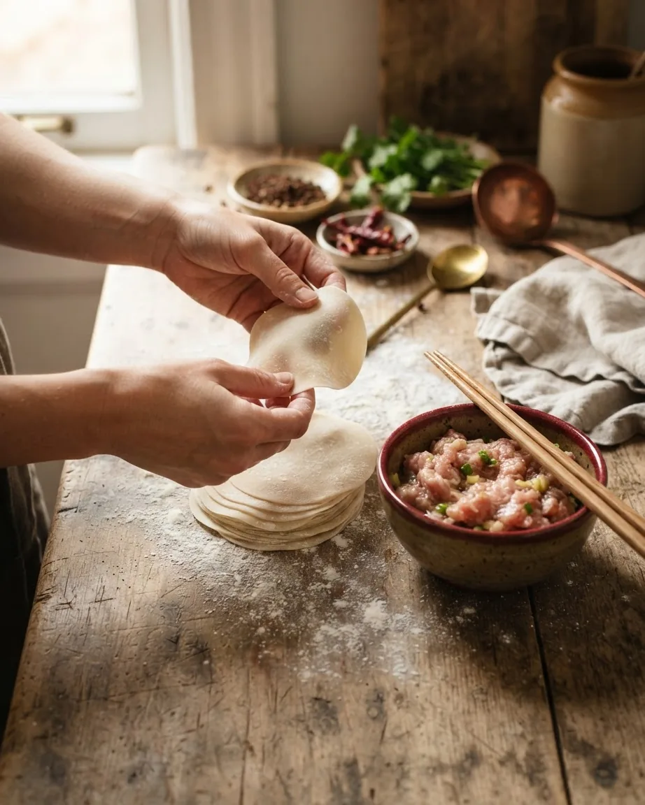 Hands lifting a thin round dumpling wrapper beside stacked wrappers and a bowl of minced pork filling on a wooden table.
