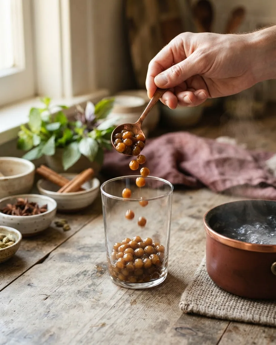 A hand drops brown tapioca pearls from a wooden spoon into a clear glass beside a steaming pot on a rustic table.