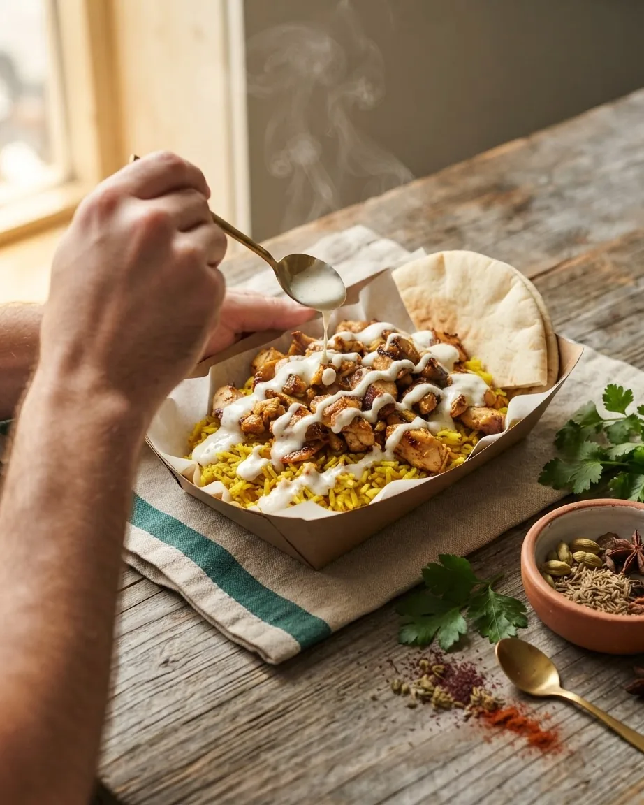 Hands drizzle white sauce over chopped chicken and yellow rice in a tray with pita.