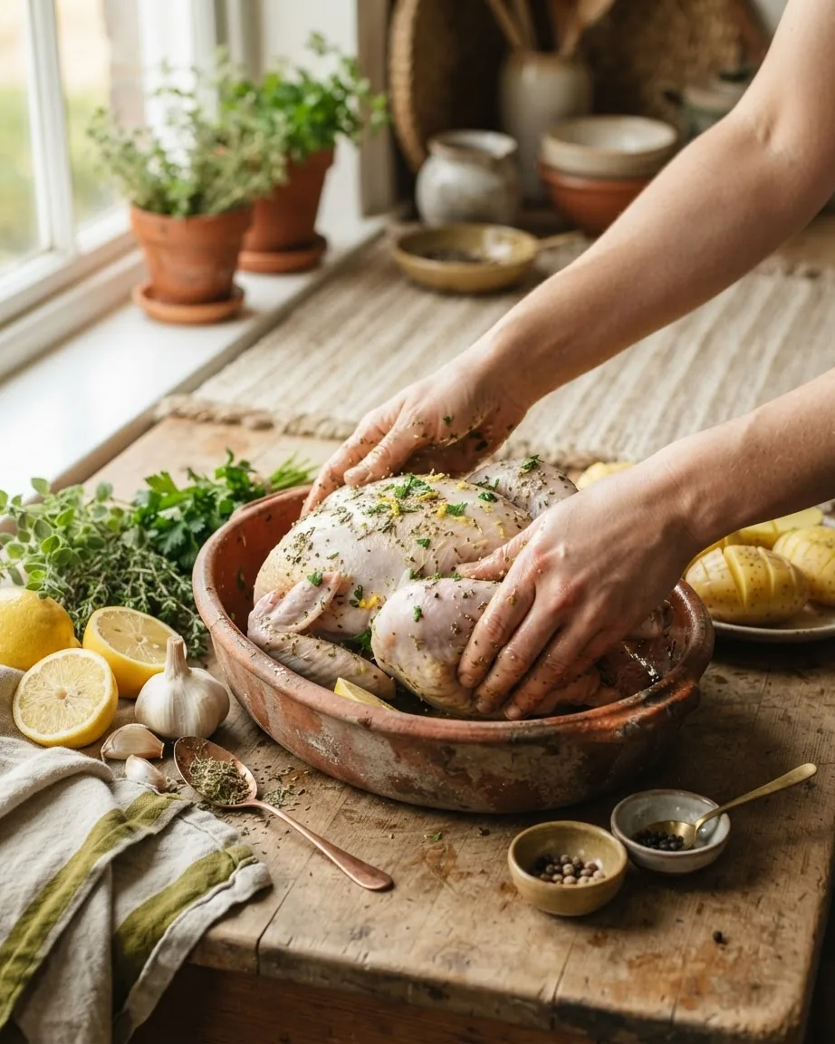 Hands rub herbs and seasoning over a whole raw chicken beside lemons, garlic, and fresh herbs.