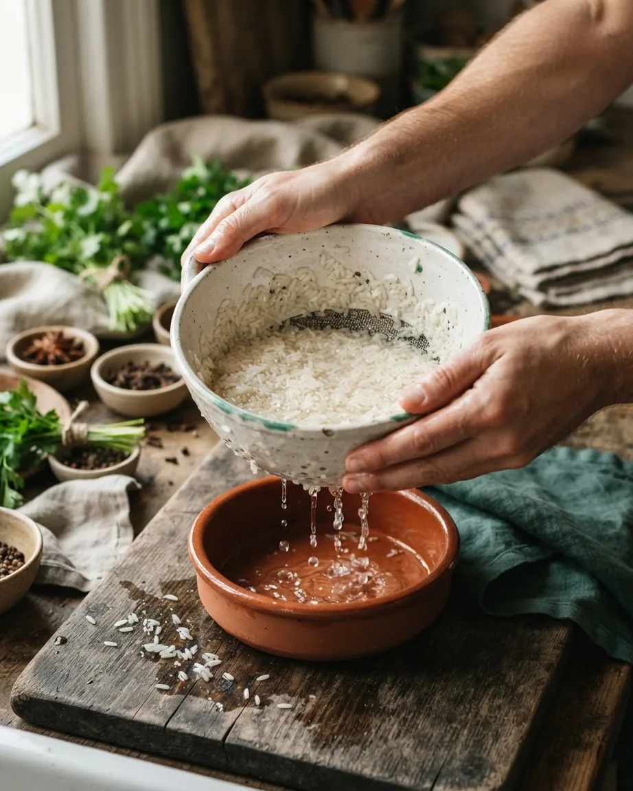 Hands hold a ceramic colander of white rice as water drips into a terracotta bowl on a rustic wooden counter.