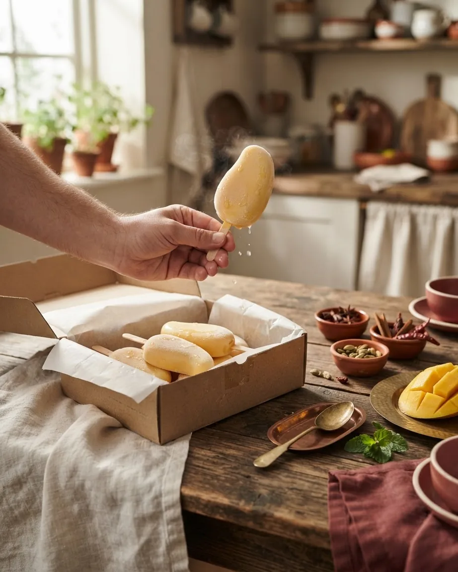 A hand holds a dripping mango-colored ice cream bar above an open box of frozen treats on a rustic kitchen table.