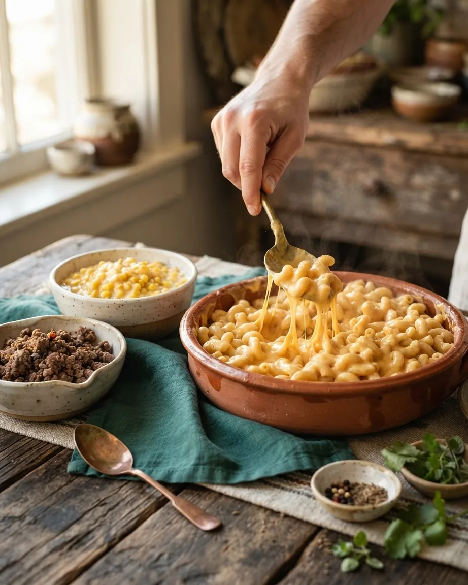 A hand lifts creamy, cheesy macaroni from a terracotta baking dish beside bowls of ground beef and corn.
