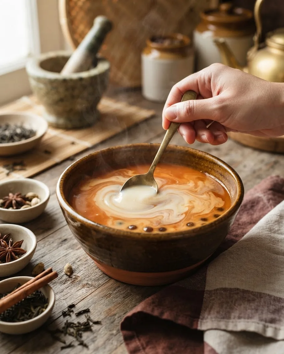A hand stirs creamy white milk into orange tea in a rustic ceramic bowl, surrounded by spices and tea leaves.