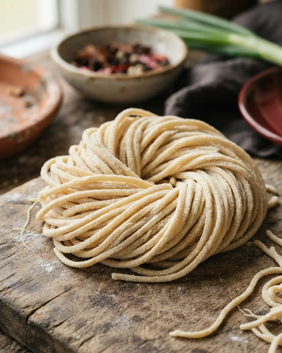 A loose coil of flour-dusted wheat noodles rests on a rustic wooden board, with bowls and scallions behind it.