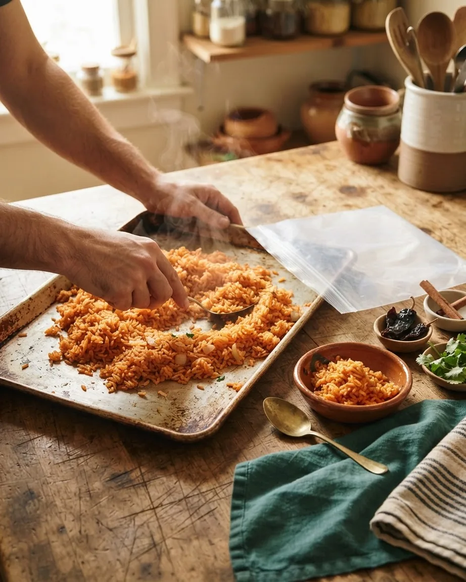 Hands spread steaming orange-red rice across a baking sheet beside a freezer bag on a rustic kitchen table.
