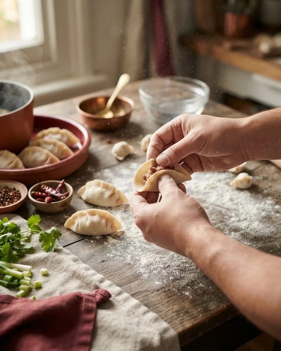 Hands folding a small filled dumpling into a crescent on a floured wooden table surrounded by dumplings and bowls.