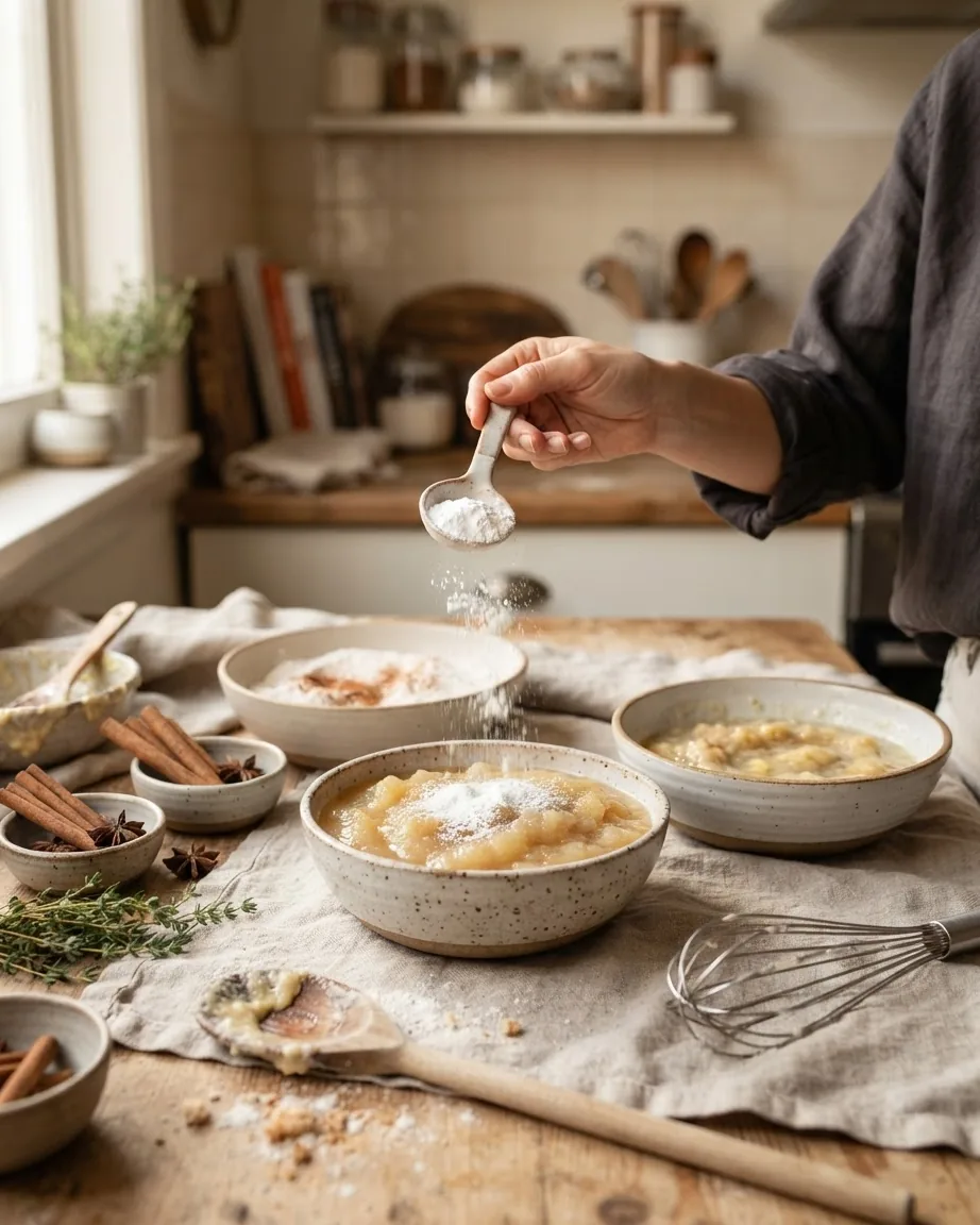 A hand sprinkles white powder from a spoon over bowls of applesauce on a kitchen table.