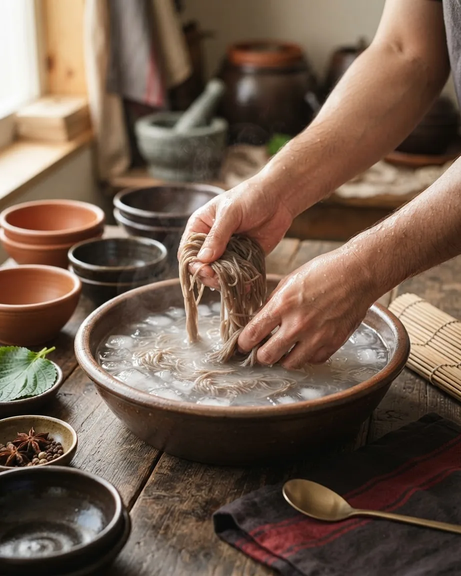 Hands rinse and separate brown noodles in a large bowl of icy water on a rustic wooden kitchen table.