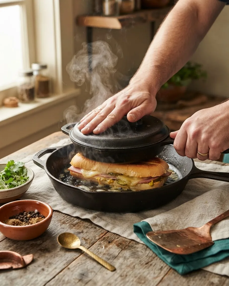 Hands press a heavy cast iron skillet onto a cheese-filled Cuban bread sandwich in a steaming pan on a wooden table.