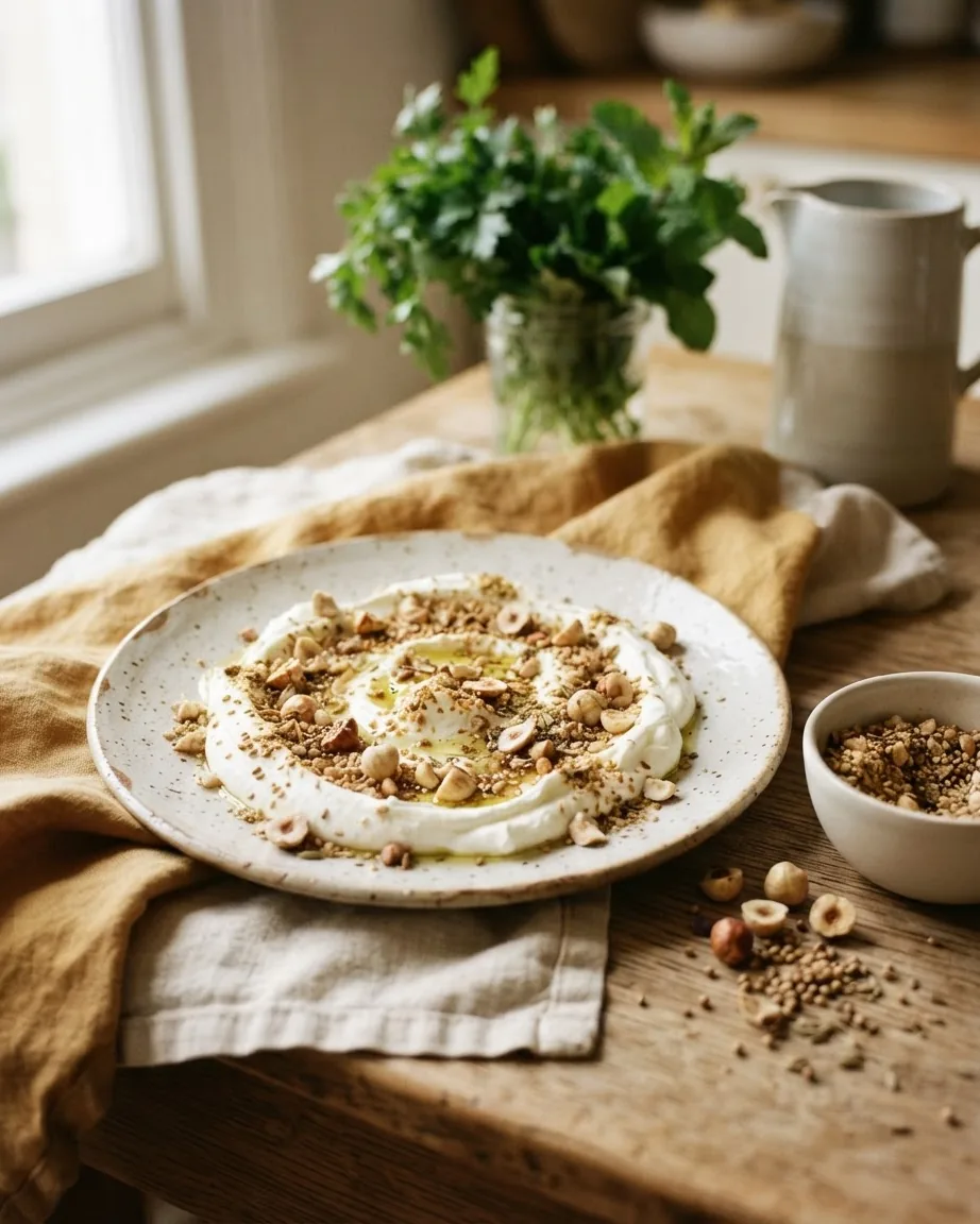 A plate of soft white cheese topped with crushed nuts, seeds, and oil beside a small bowl on a wooden table.